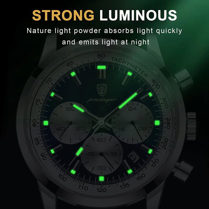 POEDAGAR Reloj de lujo para hombre, de alta calidad, resistente al agua, cronógrafo luminoso, reloj de pulsera de cuero para hombre, relojes de cuarzo para hombre, reloj informal