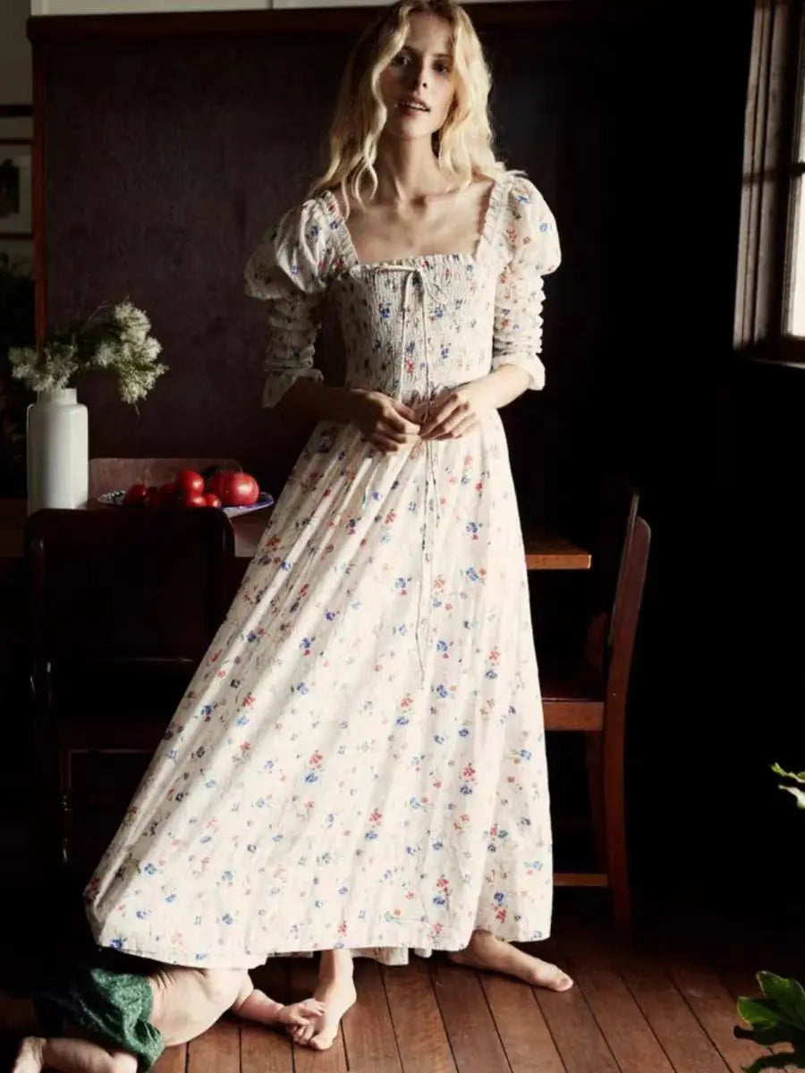 French vacation design romantic floral print high waisted pleated lace up collar bubble sleeve long dress for spring and summer