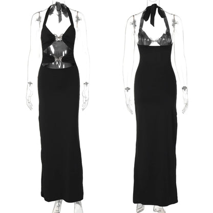 Vestido largo sexy con agujeros para mujer, moda de verano 2024, vestido de fiesta de noche ajustado sin mangas con lazo y cuello halter, trajes de club