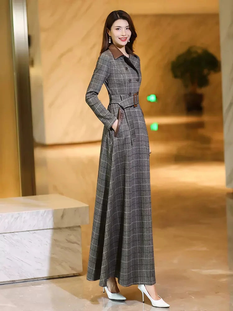 New Women Spring Autumn Long Plaid Dress Fashion Patchwork Turn-down Collar Long Sleeve Slim Dress Simplicity Casual Gray Dress