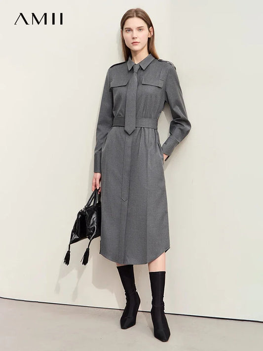 Amii Minimalism Shirt Dress For Women 2024 Autumn New Military Style With Belt Tie Retro Fashion Long Women's Dresses 12443073