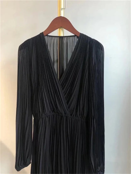 Ladies Long Sleeve Elastic Waist Slim Elegant Temperament Long Robe Spring New 2024 Women V-Neck Irregular Pleated Dress