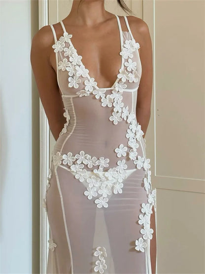 CHRONSTYLE Robe longue à fleurs pour femmes, robe sexy sans manches à bretelles, fente haute, dos nu, maille transparente, tenue de soirée, club