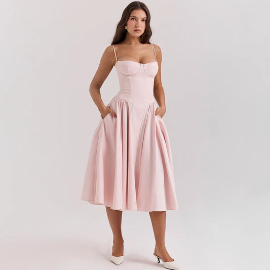 Robe mi-longue sexy à col en V pour fille oligai, tenue de printemps européenne et américaine pour femmes, taille fine, robe à dos nu