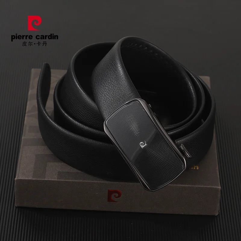 Ceintures en cuir véritable Pierre Cardin pour hommes, ceinture à boucle automatique, ceinture noire