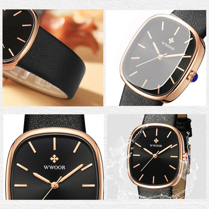 WWOOR 2024 Reloj de pulsera de cuarzo de cuero de moda para mujer Reloj de pulsera de lujo resistente al agua para mujer Reloj femenino