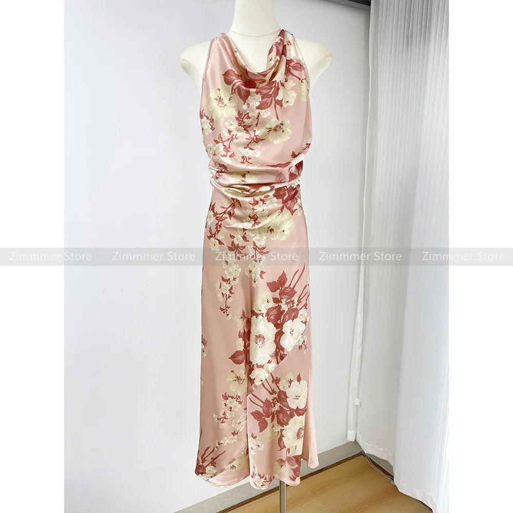 High Quality Temperament Pink Printed Swing Neck Cross Backless Sexy Silk Long Dresses