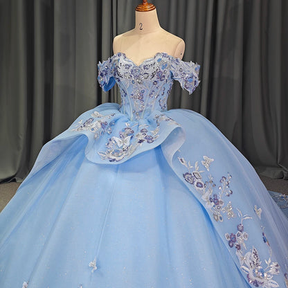 Jancember Bule Off-Shoulder Ball Gown Quinceanera Dresses Vestidos De 15 Anos Formal Princess Birthday Party Gowns DY6738