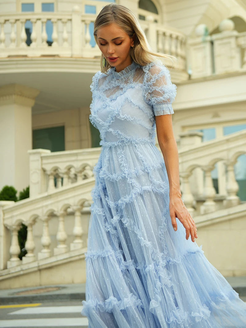 Elegant Wedding Guest Dress Women Sexy Short Sleeve Prom Dresses Vintage Blue Lace Mesh Maxi Long Evening Dresses For Women 2024