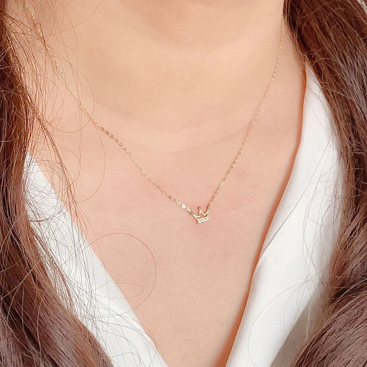 New S925 sterling silver plated 14K gold necklace exquisite small micro inlaid zircon Crown K gold clavicle chain pendant women