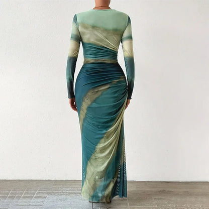 Tie Dye Green Mesh Corset Dress Summer  Womens Dresses Bodycon Long Sleeve Dress Print Maxi Ruched See Through Female Dress