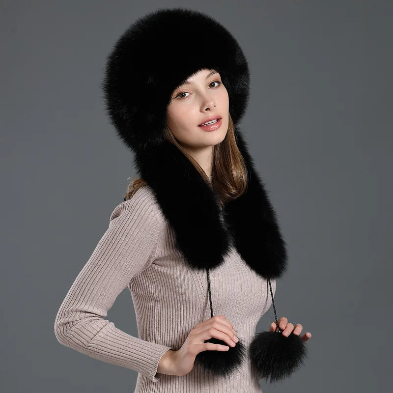 Fox Hair Hat Scarf One Piece Female Winter Warm Ear Protection Fur Hat Rex Rabbit Hair