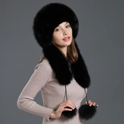 Gorro de pelo de zorro, bufanda de una pieza para mujer, cálido gorro de invierno con protección para las orejas, gorro de piel de conejo Rex