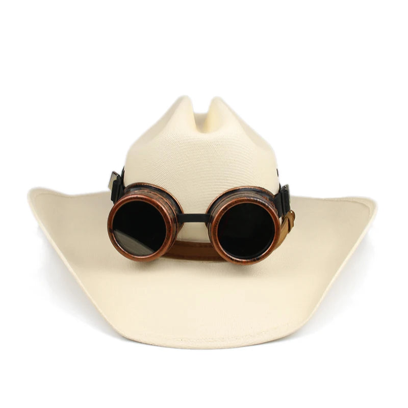 Sombrero de vaquero y vaquera de ala ancha estilo retro con gafas de bronce para mujer y hombre, estilo playa de Yellowstone, estilo western americano, con pinzas en la parte delantera, 57-61 cm