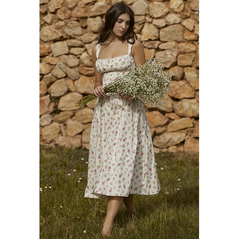 Vestido elegante de verano con cordones para mujer, vestido de fiesta de cumpleaños informal con estampado floral, línea A, abotonado, 2023