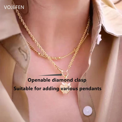 Collier en or véritable 18 carats VOJEFEN Bijoux Chaîne en corde personnalisée avec mini diamants Bouton Luxe AU750 Produits Cadeaux Nouveau bijou