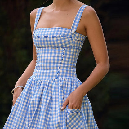 Oligai Elegant and Beautiful Women Dresses 2024 Summer Spaghetti Strap Long Plaid Dress with Pocket Female Vacation Dress