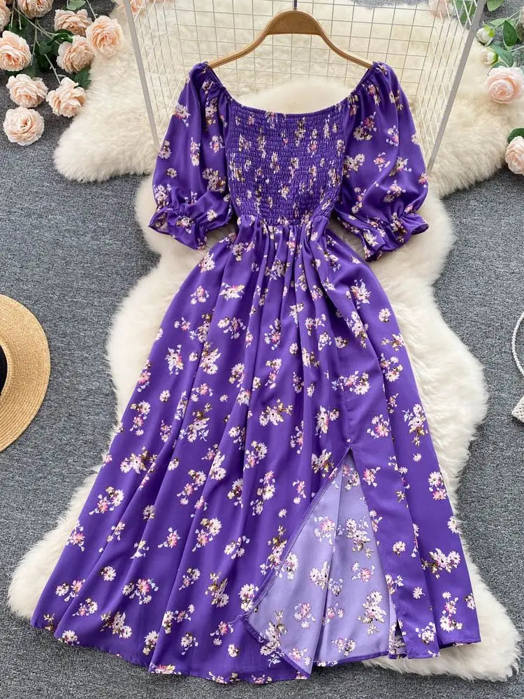 YuooMuoo Livraison rapide Femmes Robe Mode Romantique Imprimé Floral Fendu Longue Robe D'été Manches Bouffantes Fête Coréenne Robes