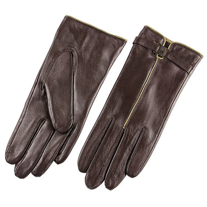 Guantes de piel auténtica cortos para mujer con forro de terciopelo y botón en la muñeca, guantes de piel de oveja auténtica a la moda, cálidos para invierno, L050pc