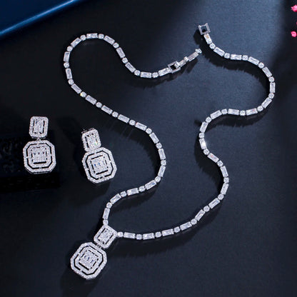 ThreeGraces Geometric Square Earrings Necklace Shiny Cubic Zirconia Crystal Fashion Jewelry Set for Women New Party Gift TZ651