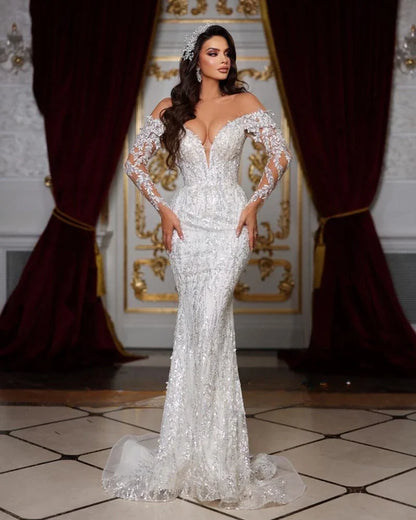 Vestidos de novia de moda con hombros descubiertos y cola desmontable, apliques de lentejuelas y cuentas de lujo, vestidos de novia de cola de corte sirena