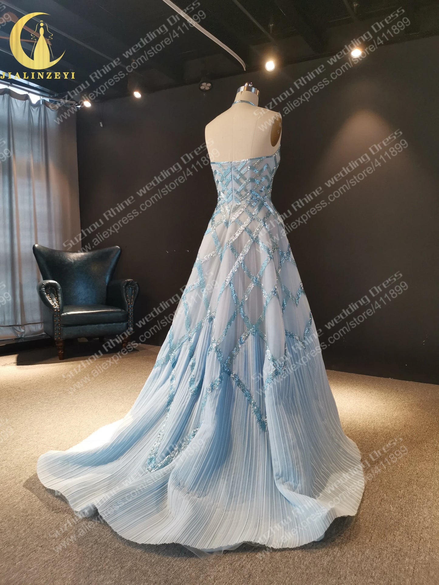 1235 Rhine Halter azul lujoso con cuentas A-line Fahion robe de soirée de mariage فساتين السهرة فساتين السهرة Vestido de noche