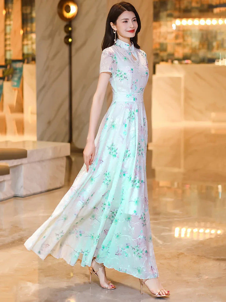 New Women Summer Chinese Style Long Dress Fashion Chi-pao Collar Short Sleeve Ankle-Length Dress Elegant Green Jacquard Dress