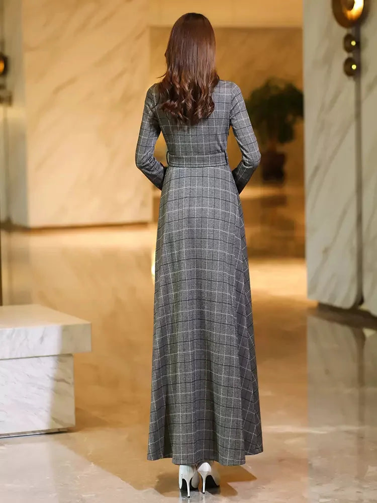 New Women Spring Autumn Long Plaid Dress Fashion Patchwork Turn-down Collar Long Sleeve Slim Dress Simplicity Casual Gray Dress