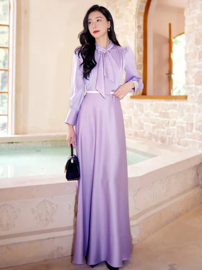 Nouvelle robe violette à la cheville pour femme, printemps été, mode, col rond, manches longues, slim, élégante, fluide, taille empire