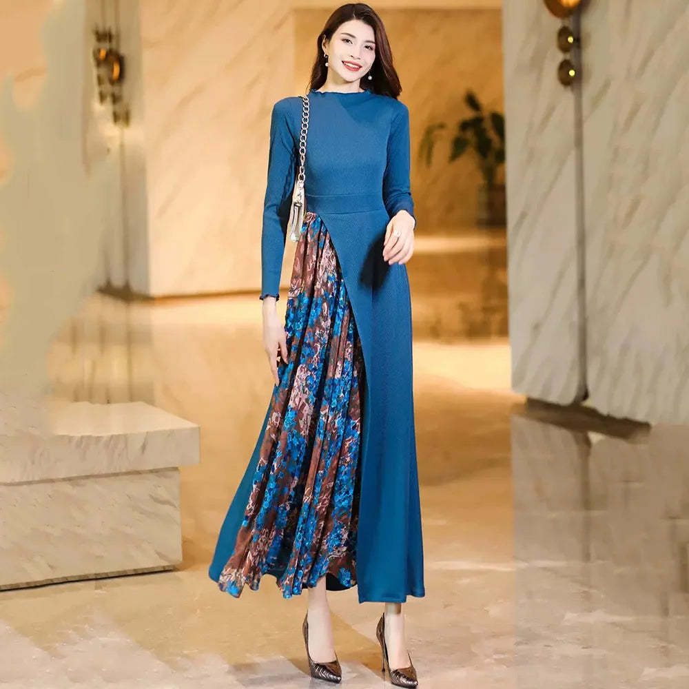 New Women Spring Autumn Knitted Dress Fashion Floral Patchwork O-Neck Long Sleeve Slim Dress Elegant Blue Overlength Dress