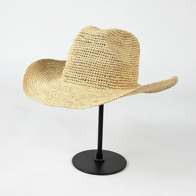 Nuevo sombrero de paja de rafia con gancho hecho a mano de estilo de diseñador de verano, sombreros de jazz de Panamá para mujer, sombrero para el sol de alta calidad, sombrero de vaquero con borde vertical