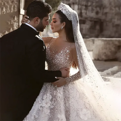 Vestido de novia de alta gama hecho a mano con flores y lentejuelas, mangas largas, apliques de encaje, vestidos de novia hechos a medida, vestido de alta calidad, 2024