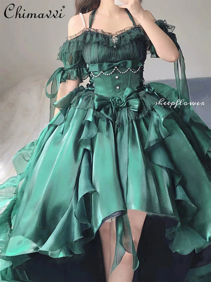 Green Front Short Back Long Lolita Dress Women Autumn Heavy Industry Sexy Girl High Waist Party Trailing Umbrella Princess Dress