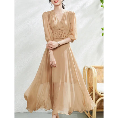 Birdtree 6A 100%Mulberry Silk Vacation Dresses Women V-neck Slim Elegant French-style Party Long Dress Summer Fall New D3N170QM