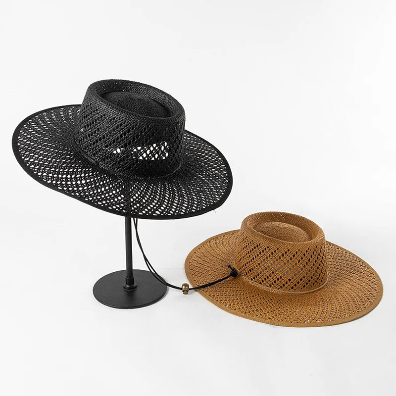 Nouveaux chapeaux de paille de plage à grand bord creux de style designer pour femmes avec sangles chapeaux de soleil d'été de conception de mode Lady Panama Fedora Hat