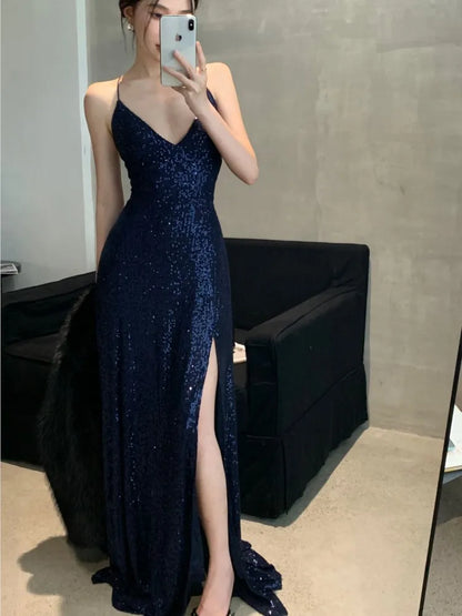 Women's Backless V-Neck Split Maxi Dress Sexy Slim Evening Gown Luxury Dresses Fashion Robe Birthday Party Spring Autumn New