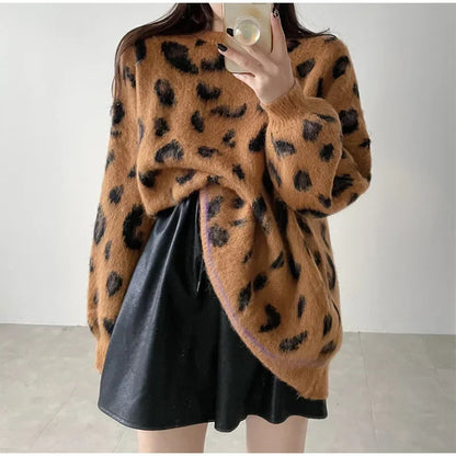 Autumn Warm Leopard Print Pullover for Women Casual Loose Oversized Sweater Pullovers O Neck Long Sleeve 2024 Women's Jumpers