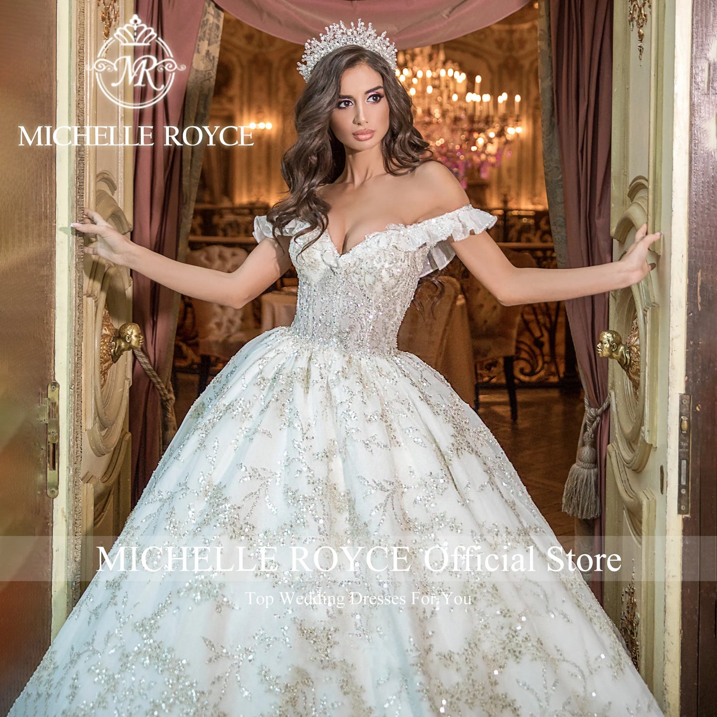 Robe de mariée de luxe Michelle Royce 2023 Robe de mariée à volants en cœur Robe de mariée à épaules dénudées à paillettes Robes de mariée