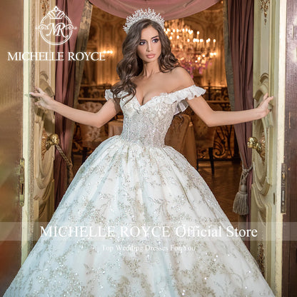 Vestido de novia de lujo de Michelle Royce 2023 con escote corazón, volantes, lentejuelas y hombros descubiertos