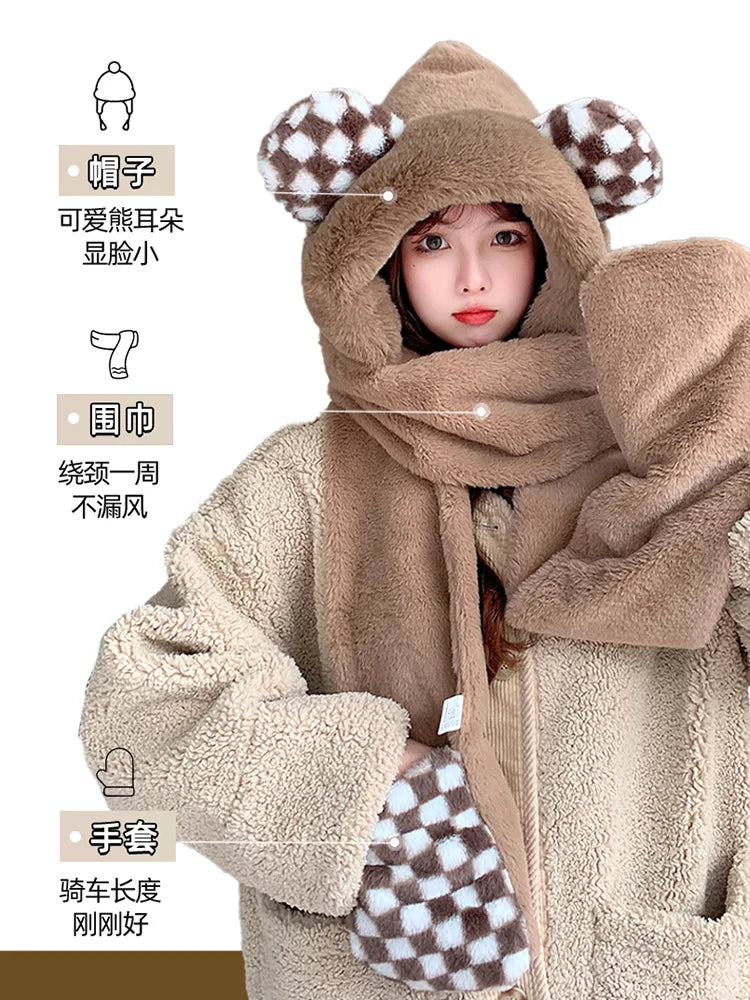 Bear Hat Women's All-Match Autumn and Winter Scarf All-in-One Warm Keeping Gloves Scarf Three-Piece Set