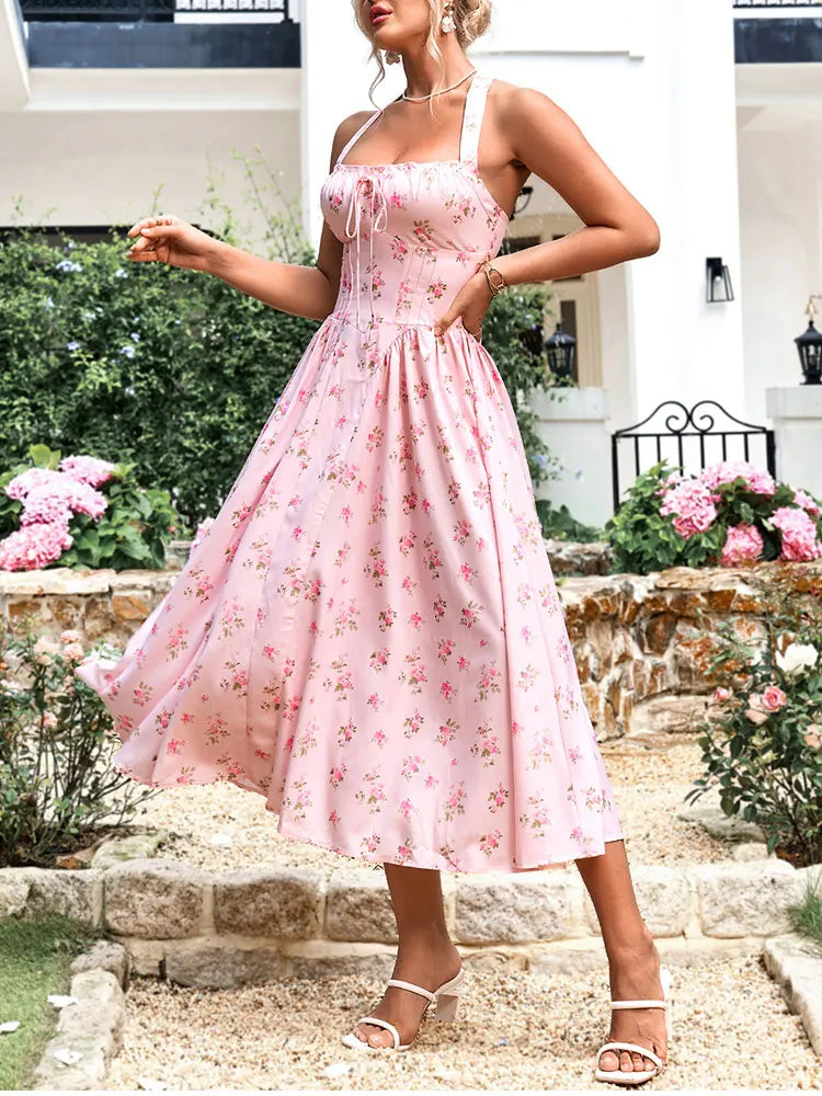 NewAsia Robe corset mi-longue à imprimé floral pour femme, dos nu, bretelles spaghetti, à nouer, mode décontractée, vacances, rose