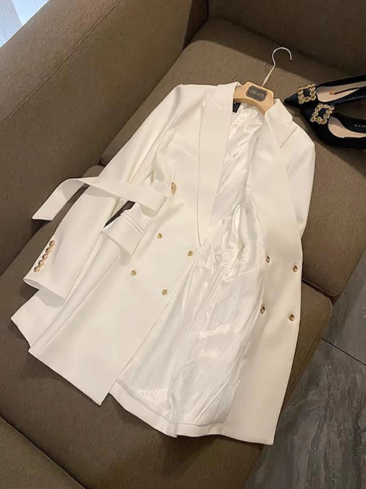 Robe blazer croisée pour femme de bureau, printemps, manches longues crantées, mini robes blanches et noires