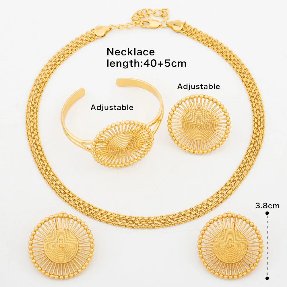 Luxury Gold Color Earrings Chain Hot Sale 45cm Necklace Bracelet Ring Dubai African Fashion Jewelry Set Party Anniversary Gift