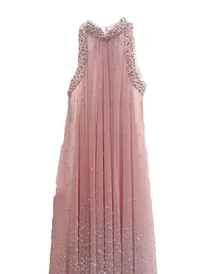 Robe longue de soirée rose à col rond et manches courtes pour femme, tenue de soirée ample et douce, style féerique et industriel, avec perles, été 2024