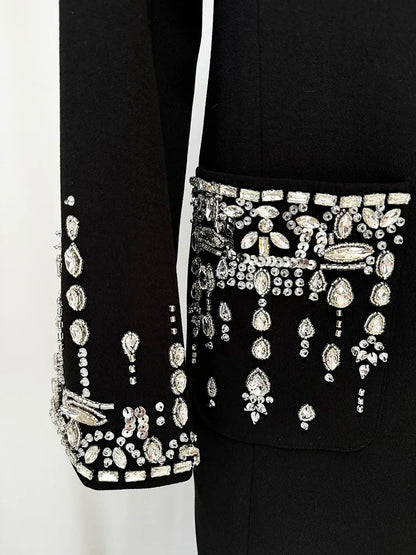 HIGH STREET Newest 2024 Designer Fashion Women's Long Sleeve Notched Collar Rhinestone Diamonds Beading Maxi Long Dress