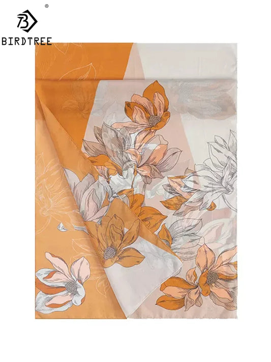 Birdtree, 100%Mulberry Slik Elegant Shawls, 180cm Women Floral Print, Gifts Original Design Scarf, Summer Autumn New A46277QM