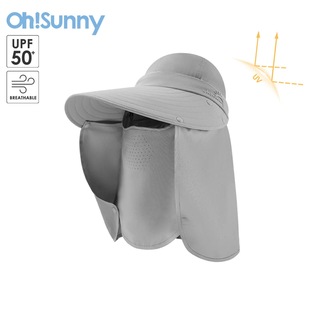 OhSunny Bobs Chapeaux Détachables Masque Facial Anti-UV UPF1000+ Été Large Bord avec Foulard pour Extérieur Protection Solaire Unisexe