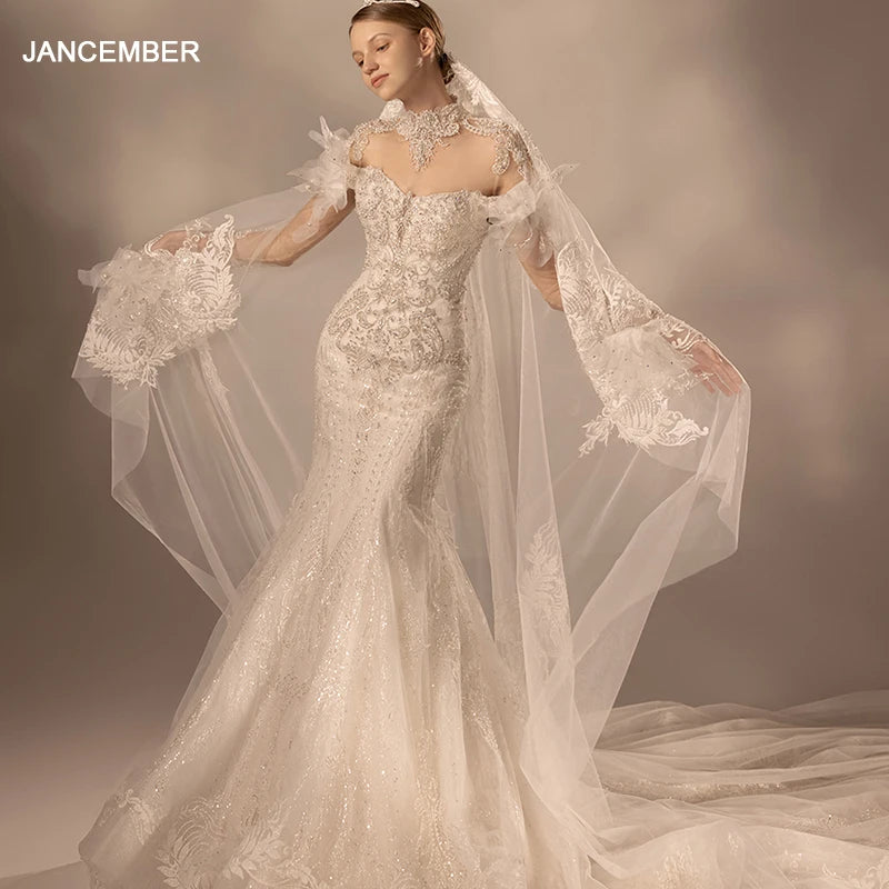 Jancember Exquisite Flash Sale Wedding Dress 2024 Mermaid Organza High Neck Full Sleeves Sequins Lace Up Robe De Mariée LSMX048