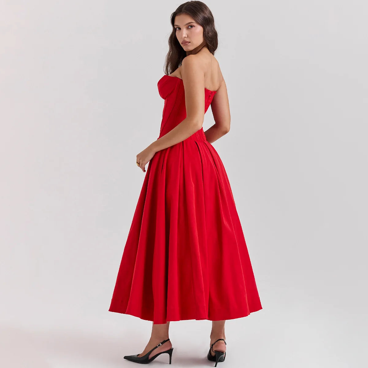 Oligai Vestido de verano rojo sin tirantes para ocasiones formales, vestido midi elegante para fiestas de cumpleaños, bodas, invitados, ajustado y acampanado, ropa para mujer