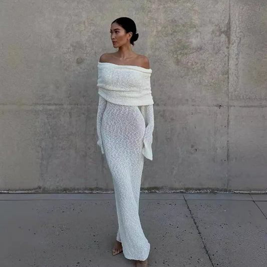 Vestido largo de punto sexy y elegante para mujer, blanco, con hombros descubiertos, ajustado, con aberturas, de crochet, para invitados de boda, trajes de playa